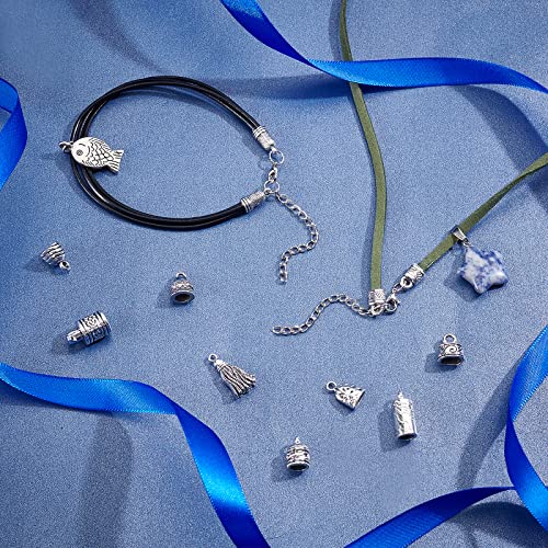 PH PandaHall Cord Ends Caps, 117pcs 10 Styles Tibetan Alloy Leather Cap Glue in Barrel End Caps Tube Crimp Beads End Caps Thread Ends for Kumihimo Jewelry Making Bracelet Necklace 4~8mm