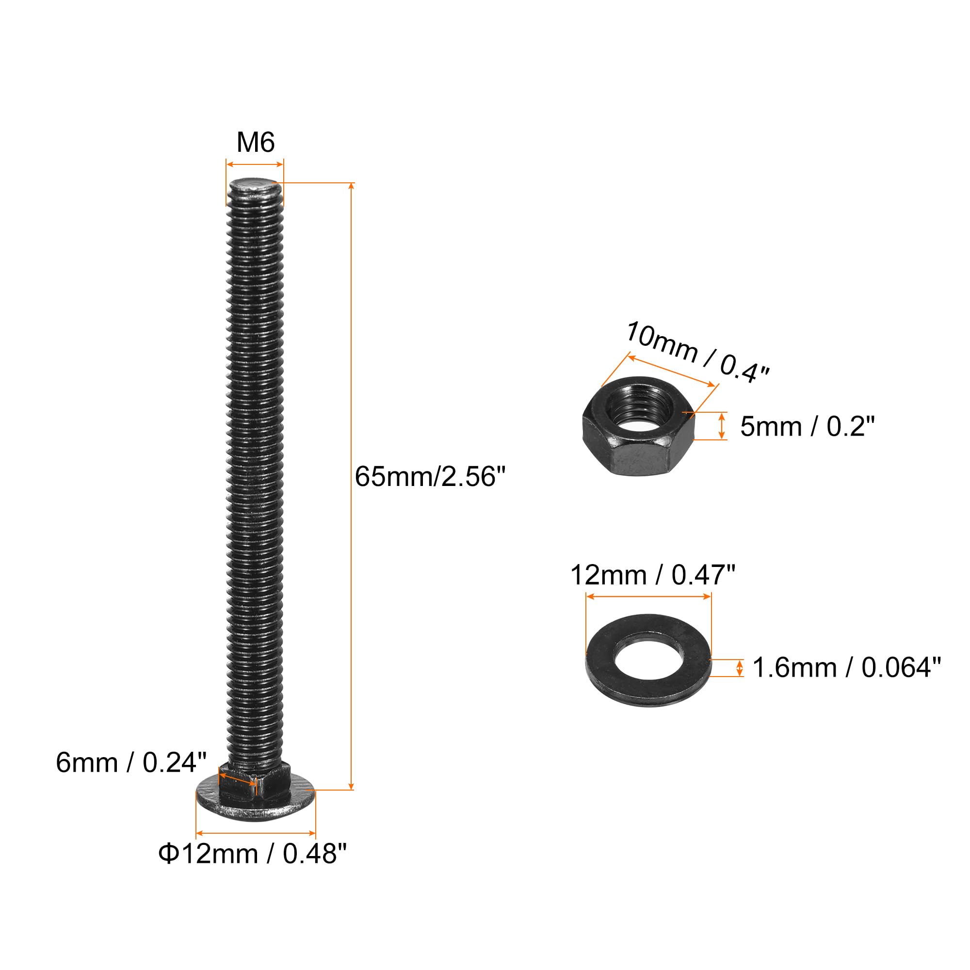 sourcing map Lot de 50 boulons de carrosserie à col carré M6 x 65 mm avec écrous et rondelles, en acier inoxydable 304 à tête ronde, col carré, noir