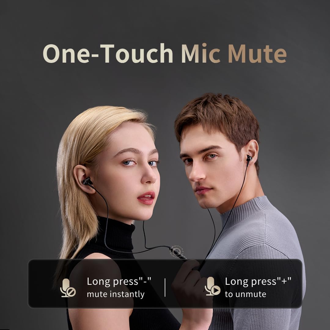 Two people demonstrating one-touch mic mute feature on 1MORE P20 earphones
