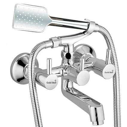 Gold Bell Brass Wall Mixer Telephonic with Crutch || Hand Shower Set + Stainless Steel Shower Tube || Hot & Cold Water Feature Chrome Finish (1 Units)