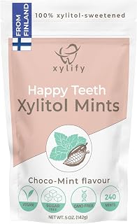 Xylitol Mints for Oral Care - Choco-Mint flavor, 100% Xylitol sweetened, Sugar Free Candy, Happy Teeth dental mints from Finland, 5oz - 240 mints