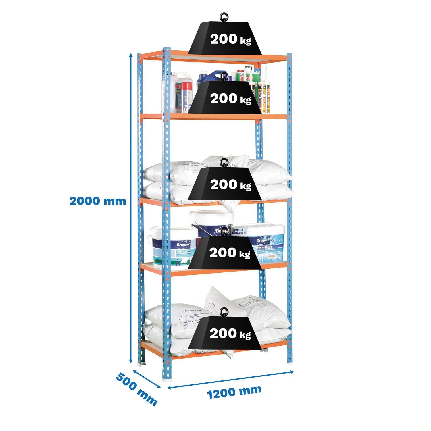 SimonRack Estanteria Metalica, 5 Baldas Madera Ajustables, 200 kg de Punto Flexión, 2000x1200x500 mm, Estantería Almacenaje, Sin tornillos, Azul/Naranja/Madera - Maderclick | 5 Alturas, Bandeja Madera, 200 kg de Punto Flexión, Azul/Naranja , Pintura antic