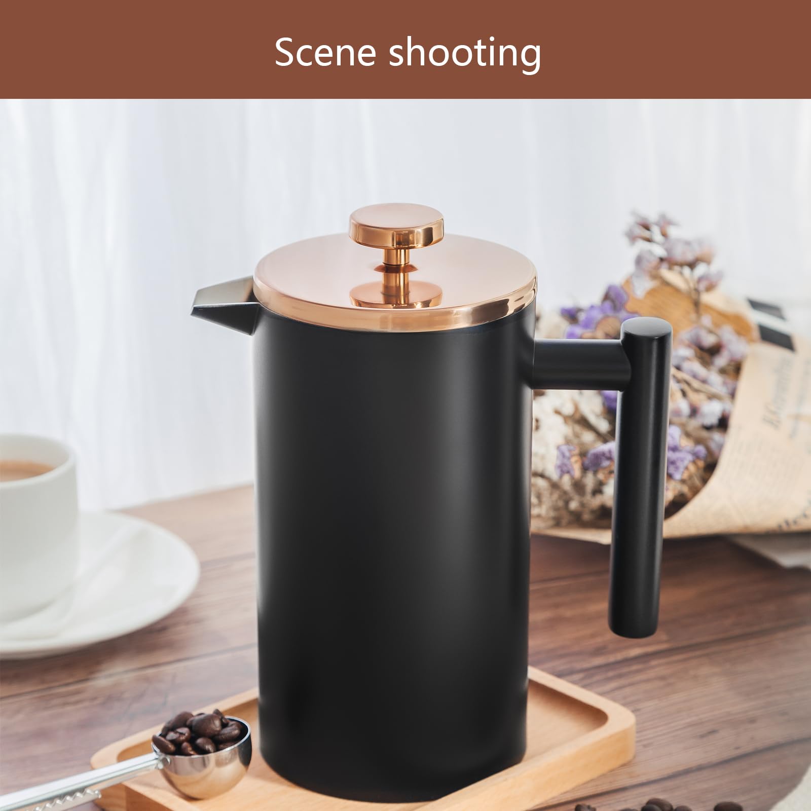 Worbic Cafetière à piston française 1000 ml - Double paroi isolée en acier inoxydable - Système de filtration à 3 niveaux - Pour la maison, le camping et le bureau - Noir
