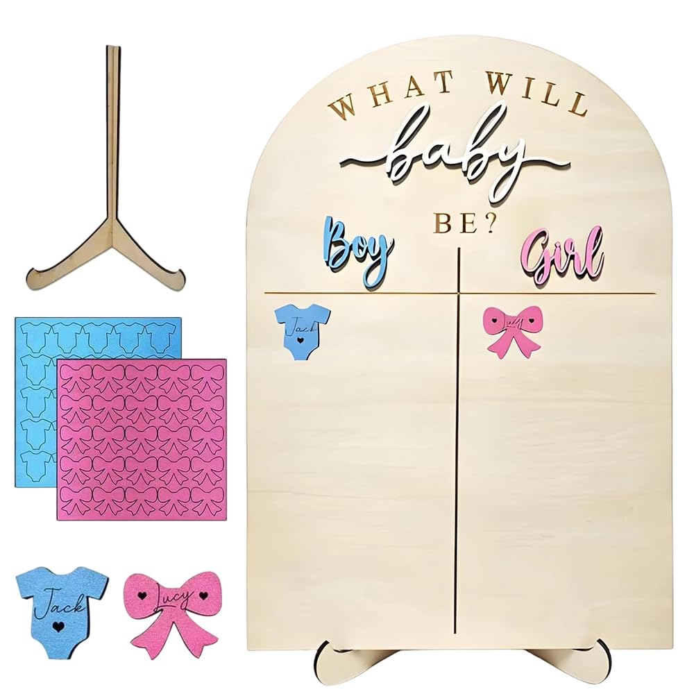 LUFEIS Wooden Baby Gender Reveal Voting Board with Stand, He or She What Will Baby Be Gender Reveal Ideas, Gender Guessing Game Board with Boy or Girl Voting Icons (Natural Wood)