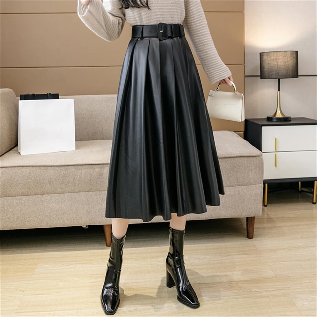 Otoño Invierno PU Cuero de Imitación Mujeres Faldas Largas Cintura Alta Paraguas Vintage Falda de Línea A