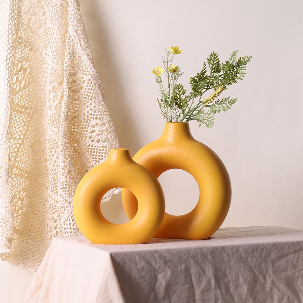 Set di 2 vasi in ceramica gialla, vasi gialli per la decorazione della casa, vasi rotondi bohémien per erba della pampa e fiori, soggiorno, camera da letto, tavolino, camino, fattoria e centrotavola