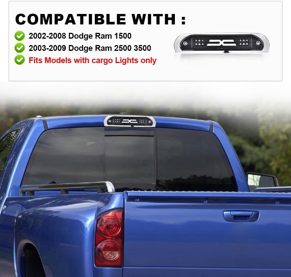 PIT66 LED 3rd Third Brake Light Compatible with Dodge Ram 1500 2002-2008/Compatible with Dodge Ram 2500 3500 2003-2009 High Mount Light Brake Light Cargo Clear Lens Black Housing