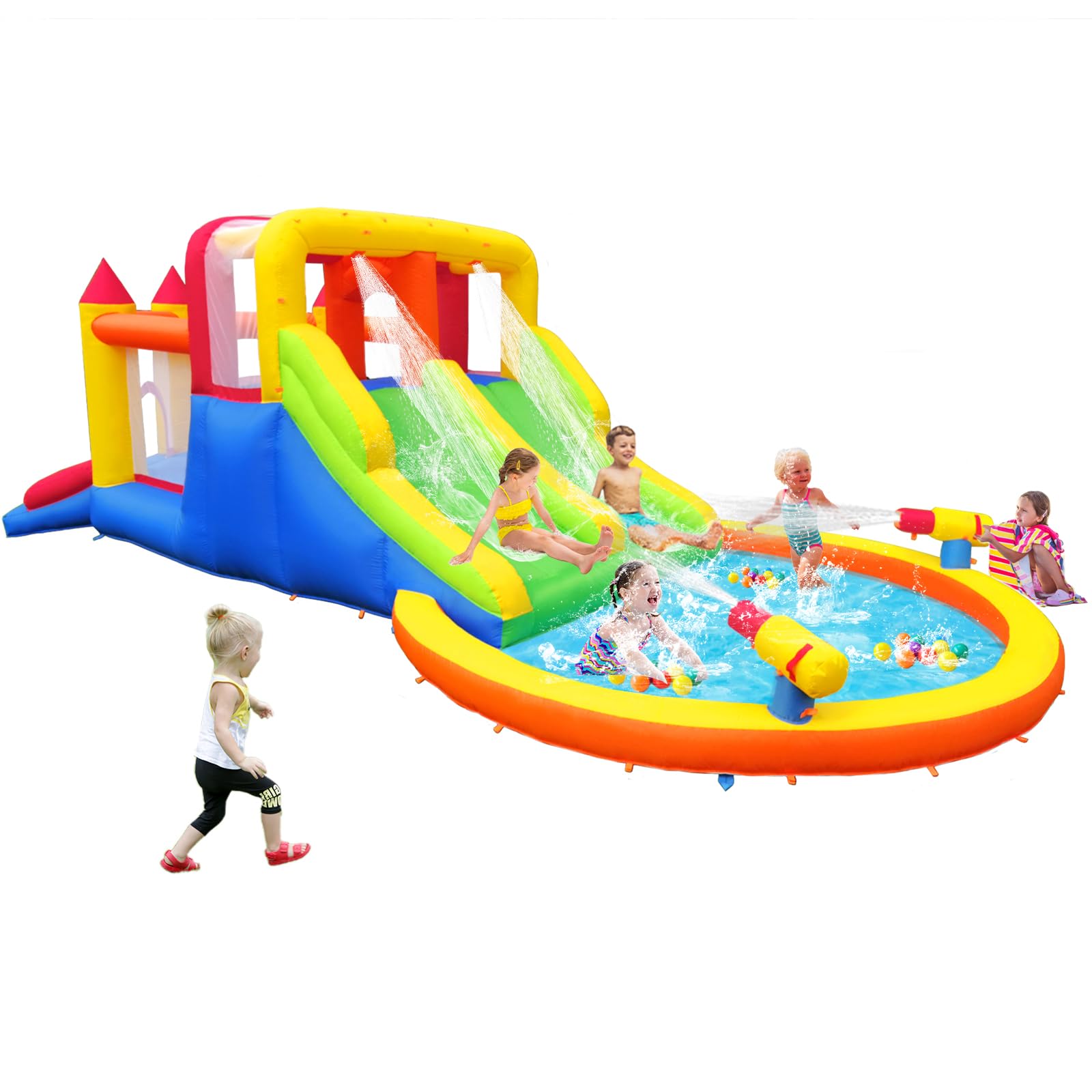 Baralir Große Aufblasbare Kinder-Hüpfburg mit Nass- und Trockenrutsche, Abenteuerspielplatz für den Garten, Hält bis zu 5 Kinder/200KG (ohne Gebläse) 6.28L x 2.93W x 1.95H m