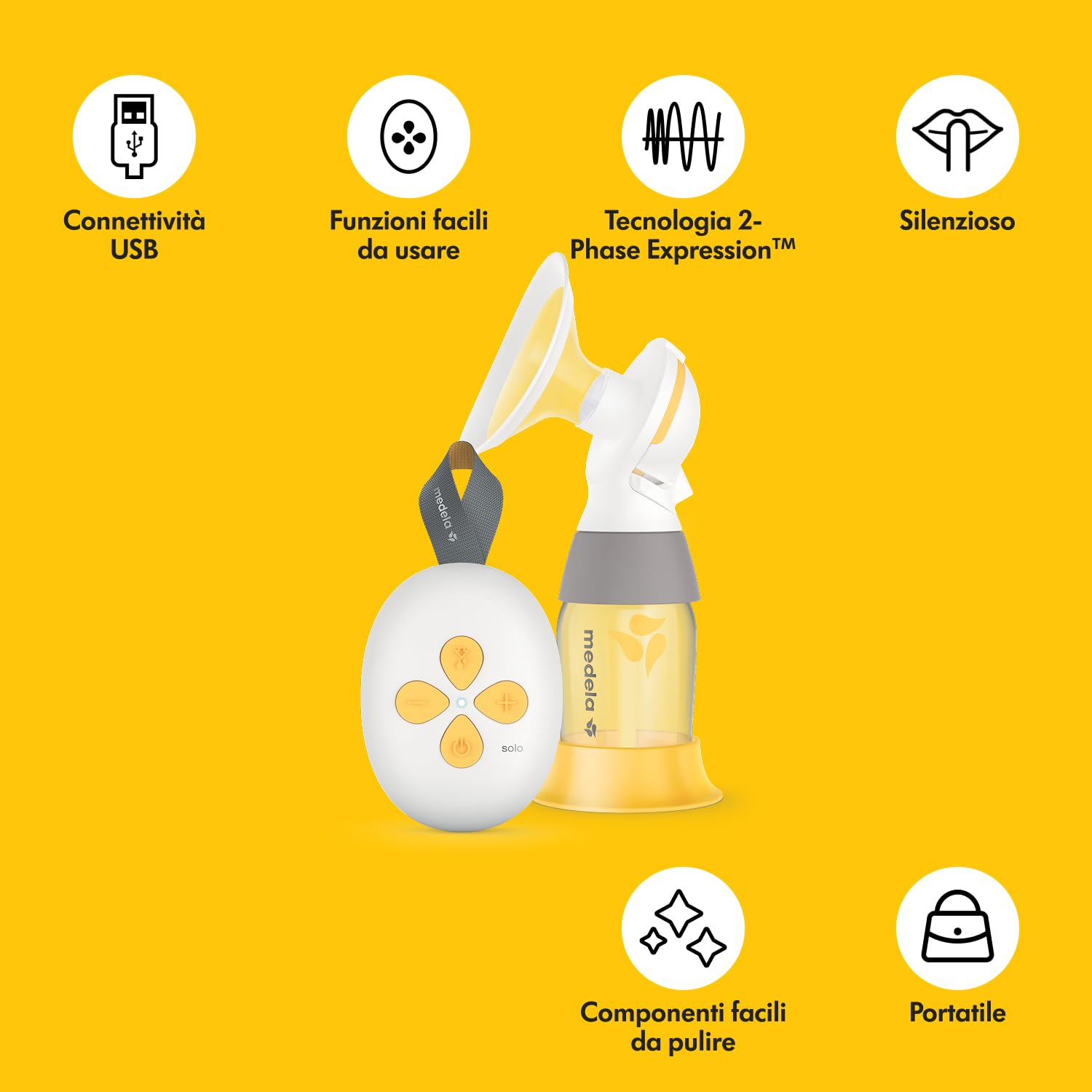 Medela Solo Tiralatte Elettrico Singolo, Silenzioso, Ricaricabile con USB, con Coppa PersonalFit Flex e Tecnologia Medela 2-Phase Expression