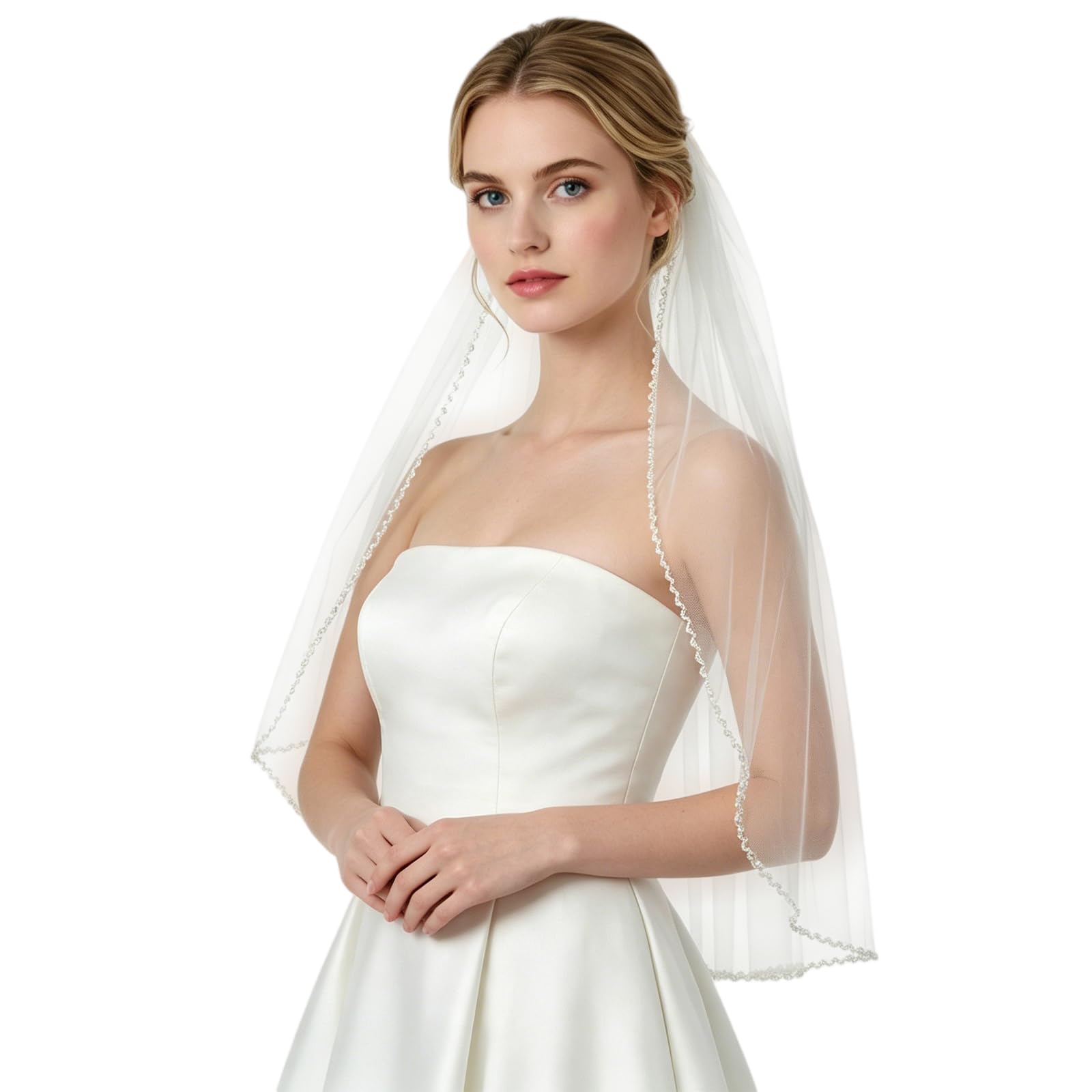 Photo 1 of LOVFOIVER Wedding Veil Crystals Beaded Edge Soft Tulle