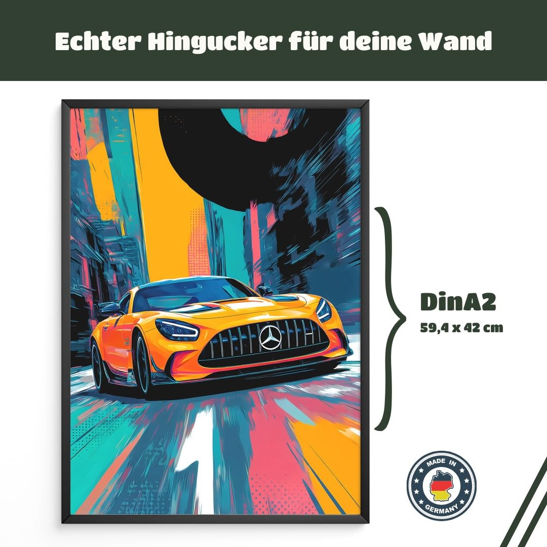 MJ-GRAPHICS® Poster Sportwagen Kunstdruck futuristisches Wandbild abstrakt orange blau urban Deko fürs Wohnzimmerbilder Auto Deko Bilder Büro Wanddeko A2 mit beigem Rahmen
