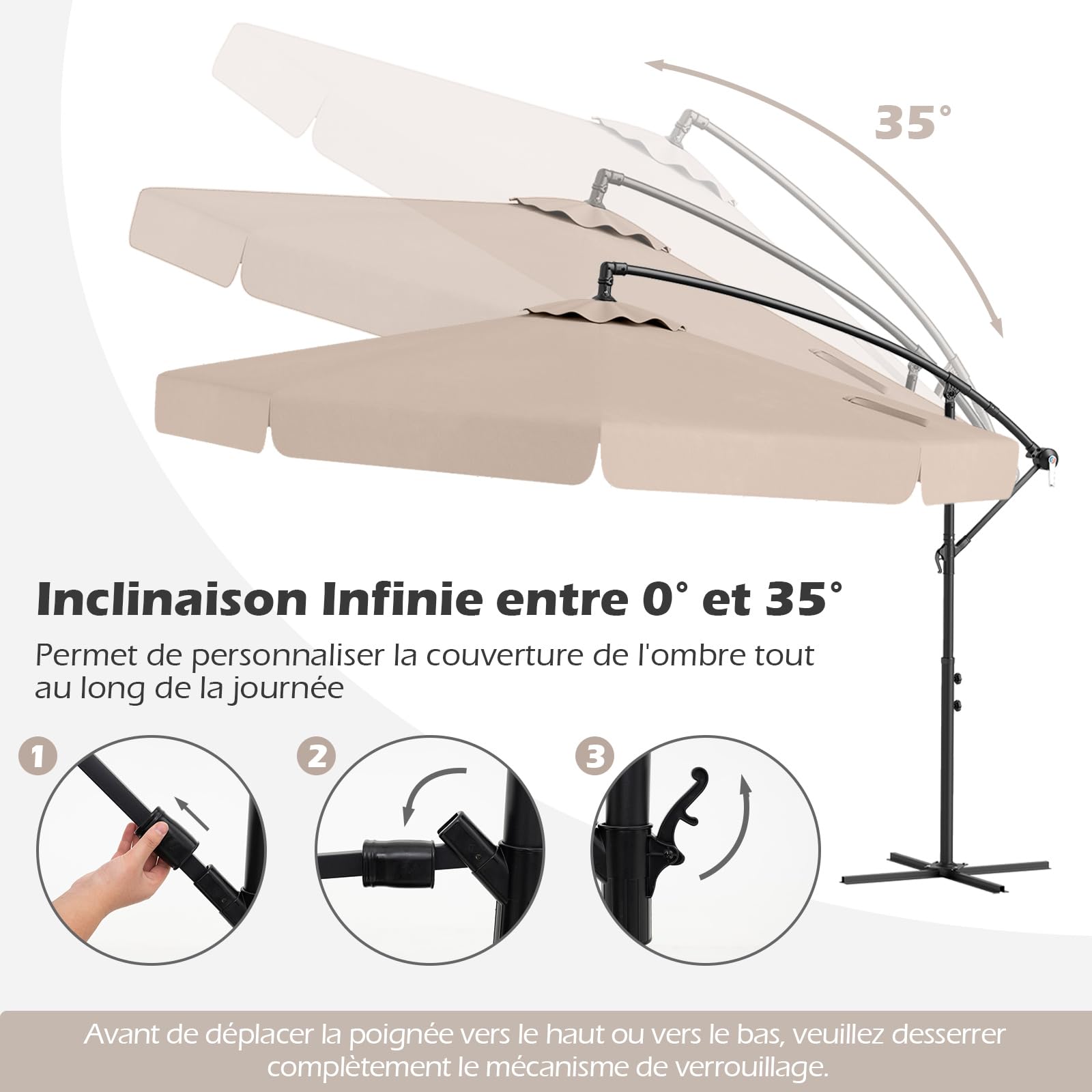 GOPLUS Parasol Déporté 3x3m avec Housse, Grand Parasol de Jardin Exterieur, avec Toile Inclinable 35°, Manivelle et 8 Baleines, pour Terrasse Balcon Patio (Beige)