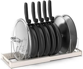 Pan Organizer, Expandable Pan Holder for Drawer Lid Holder with 7 Adjustable Dividers for Pot Lid Chopping Boards and Pans - White