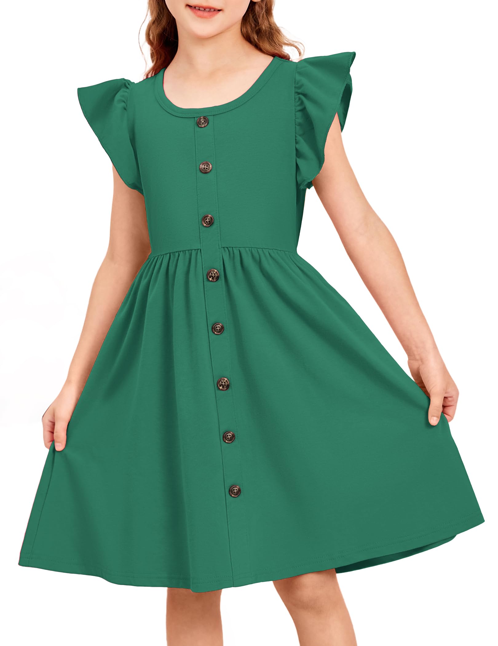 Arshiner Niñas Vestidos de Verano Volantes Niños de Algodón Vestido de Ocio Botón A-Line Midi Cuello Redondo Vestido de Fiesta para Niña 4-13 años
