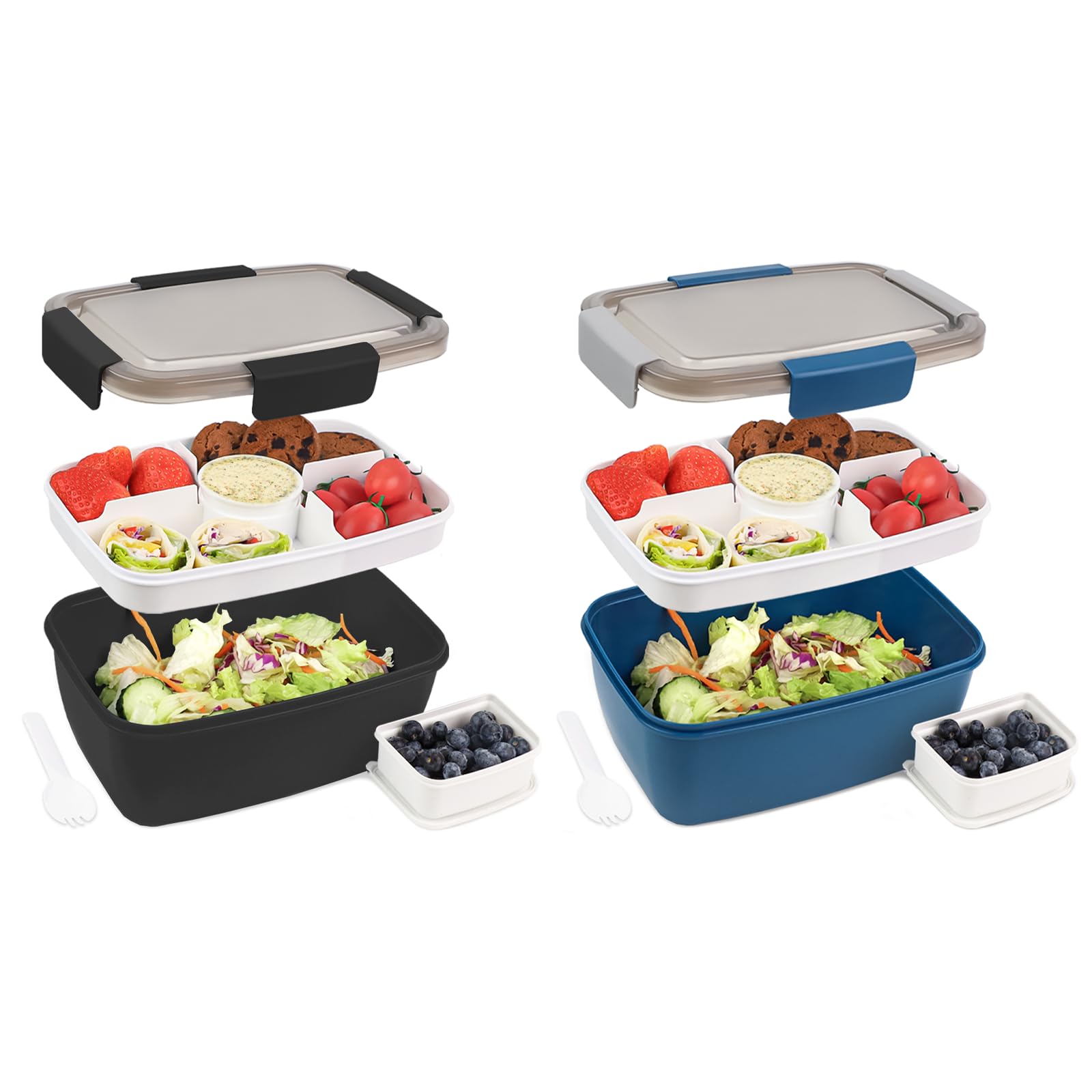 Bugucat Bentobox Lot de 2 boîtes à déjeuner à emporter avec plateau à 4 compartiments, bol à salade avec récipient à vinaigrette, récipient pour préparation des repas à emporter - Noir + bleu