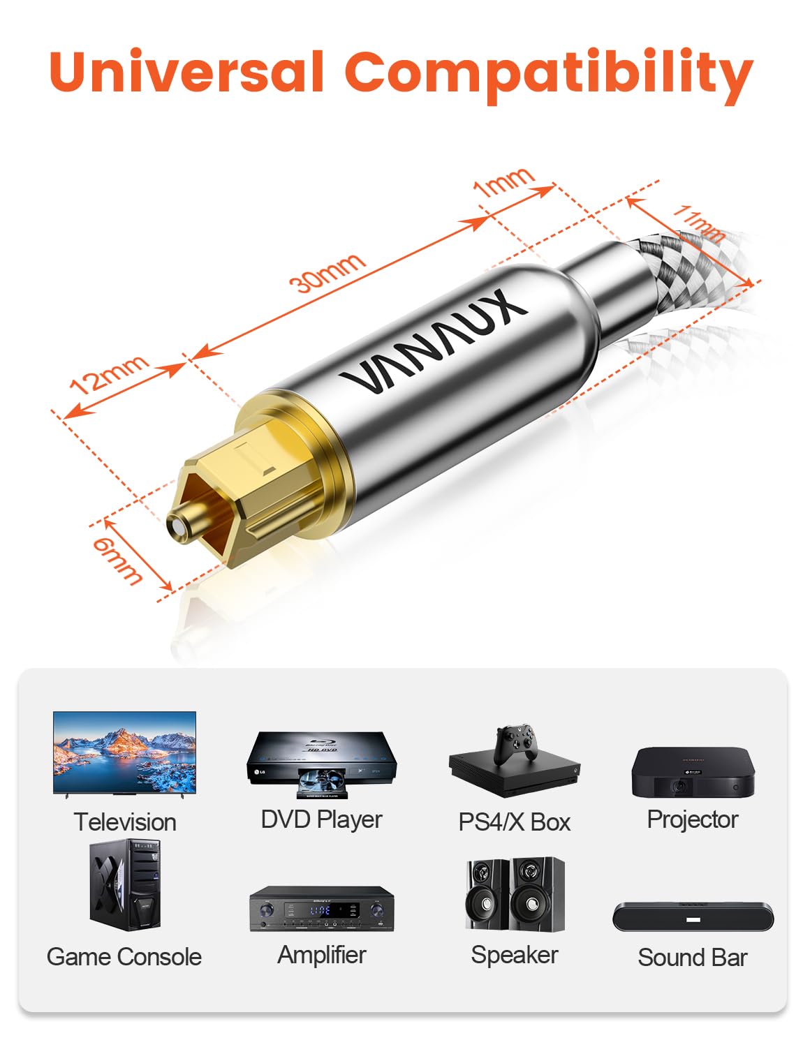 VANAUX Câble audio numérique optique de 7,9 m (connecteurs plaqués or 24 carats, coque en alliage d'aluminium, gaine tressée) Câble S/PDIF Toslink en fibre optique pour home cinéma, barres de son,