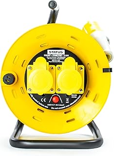 STATUS 2 Socket Cable Reel | 25m Yellow Extension Lead | 16A 110V with Thermal Cut Out | Heavy Duty Outdoor Extension Lead | S25M-110VOLT-CR1