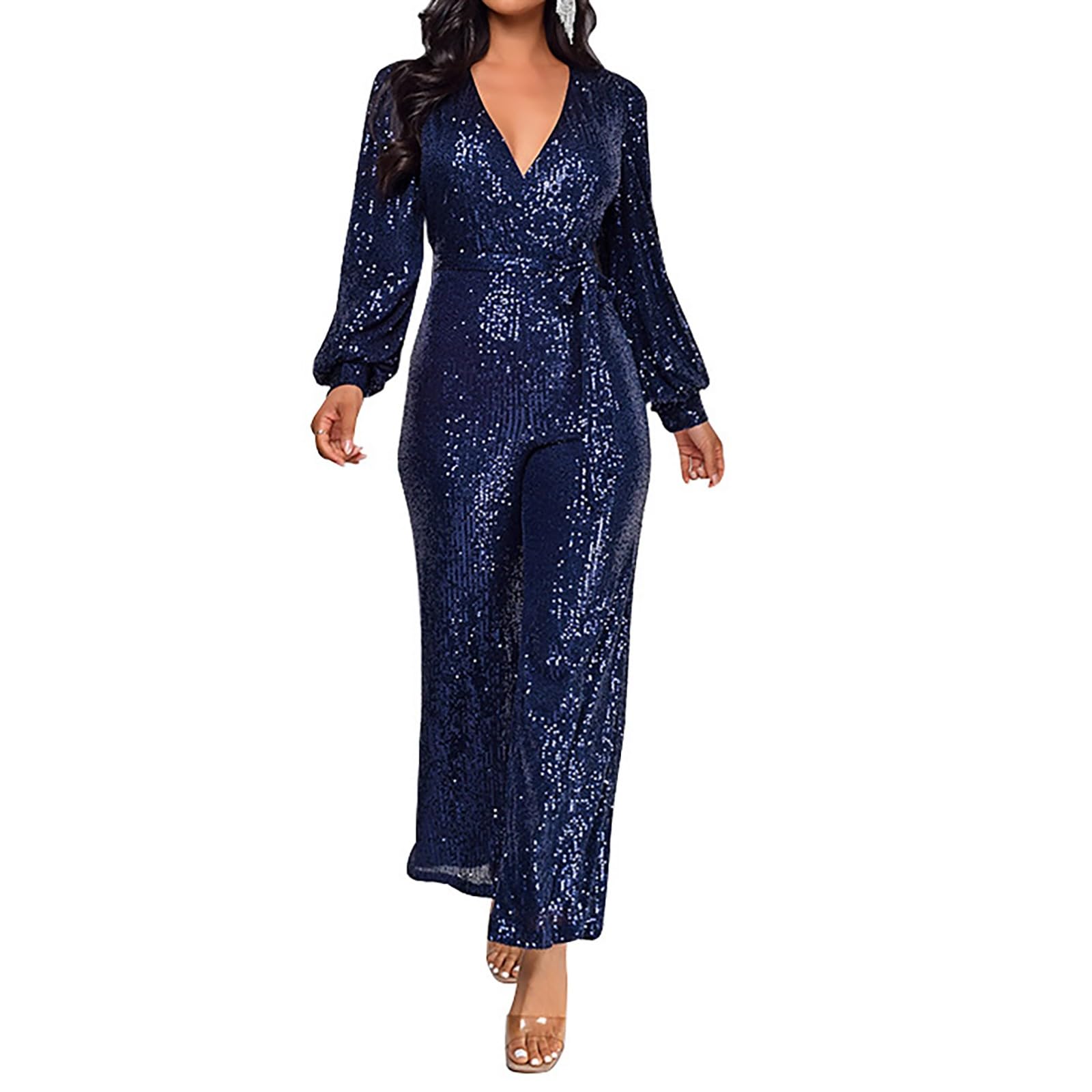 Combinaison à paillettes pour femme - Paillettes brillantes - Col en V - Manches longues - Barboteuse droite et large - Pantalon long, noir foncé, S