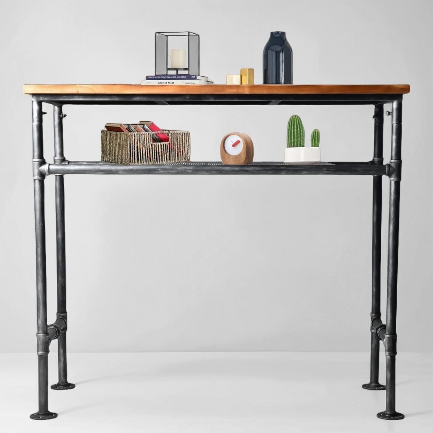 BOKKOLIK 41.3inch Height Industrial Bar Table Rustic Metal Pipe Wood Design Farmhouse Bistro Pub Table Vintage Office Computer Desk Meeting for 4-5