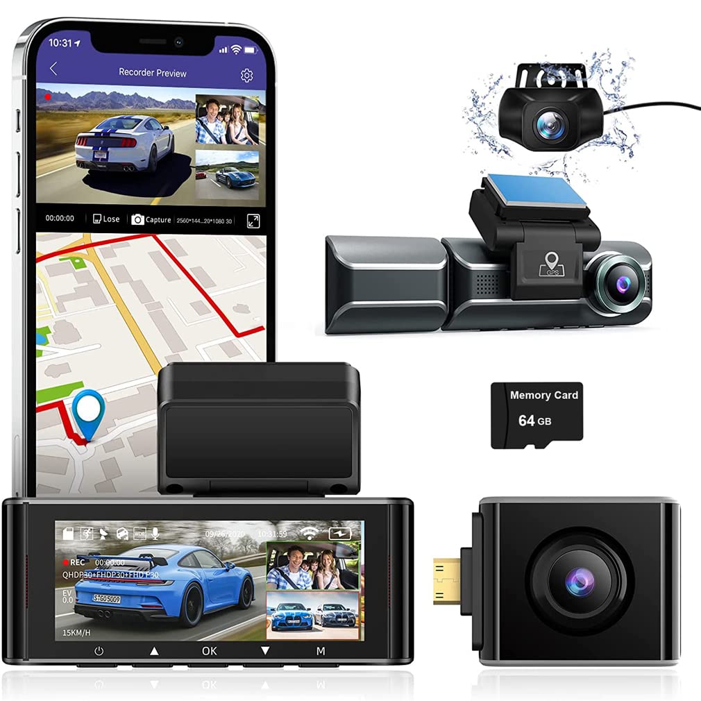 Dash Cam Auto Senza Fili WiFi - 3 Canali Fronte Interno Retro, Full HD 1080p 2 Ips