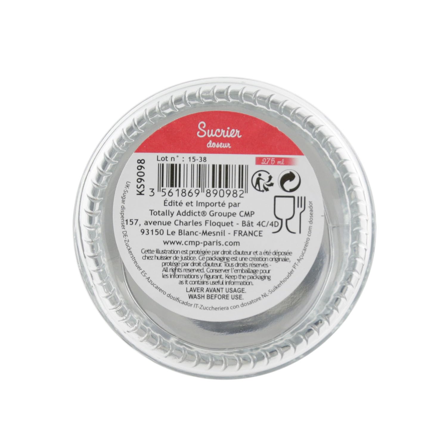 Sucrier Doseur LILY COOK KS9098 - Verre Transparent, 275ml, 7.5x7.5x15cm
