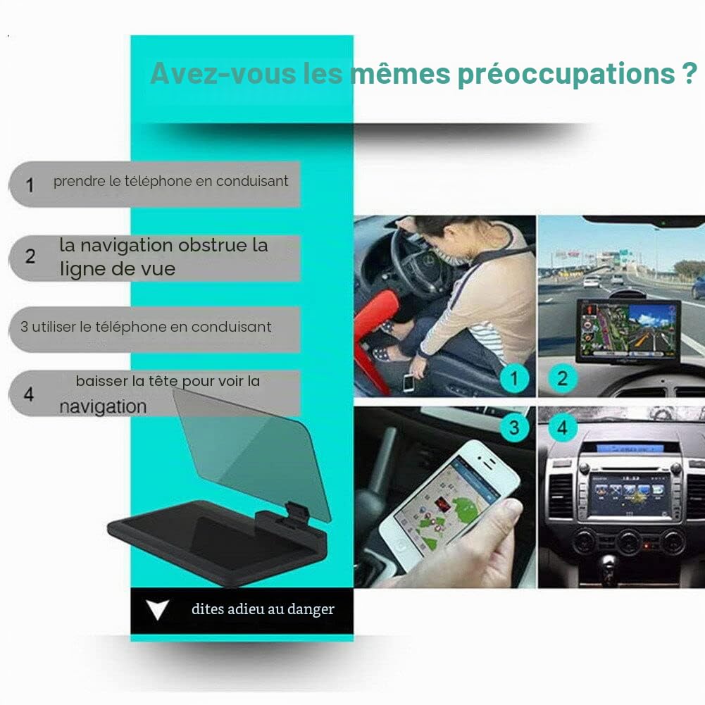 Riloer Support de visionnage HUD (à affichage tête haute) universel pour voiture, parfait pour projeter l’écran d’un téléphone, d’un navigateur GPS avec écran maximum de 6’’