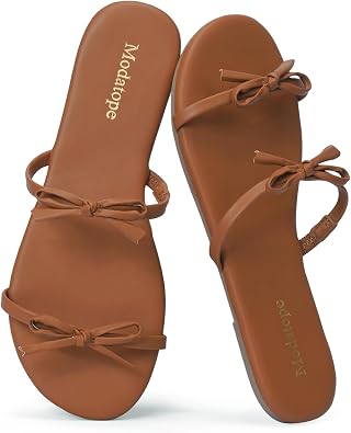 Modatope Women Cognac Bow Flat Sandals Dressy Slip On Summer Beach Casual Shoes