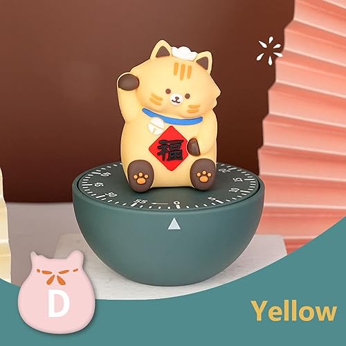 Miniatura 2 de Lindo gato de la suerte en forma de administrador de tiempo 60 minutos temporizador mecánico cocina temporizador (amarillo)