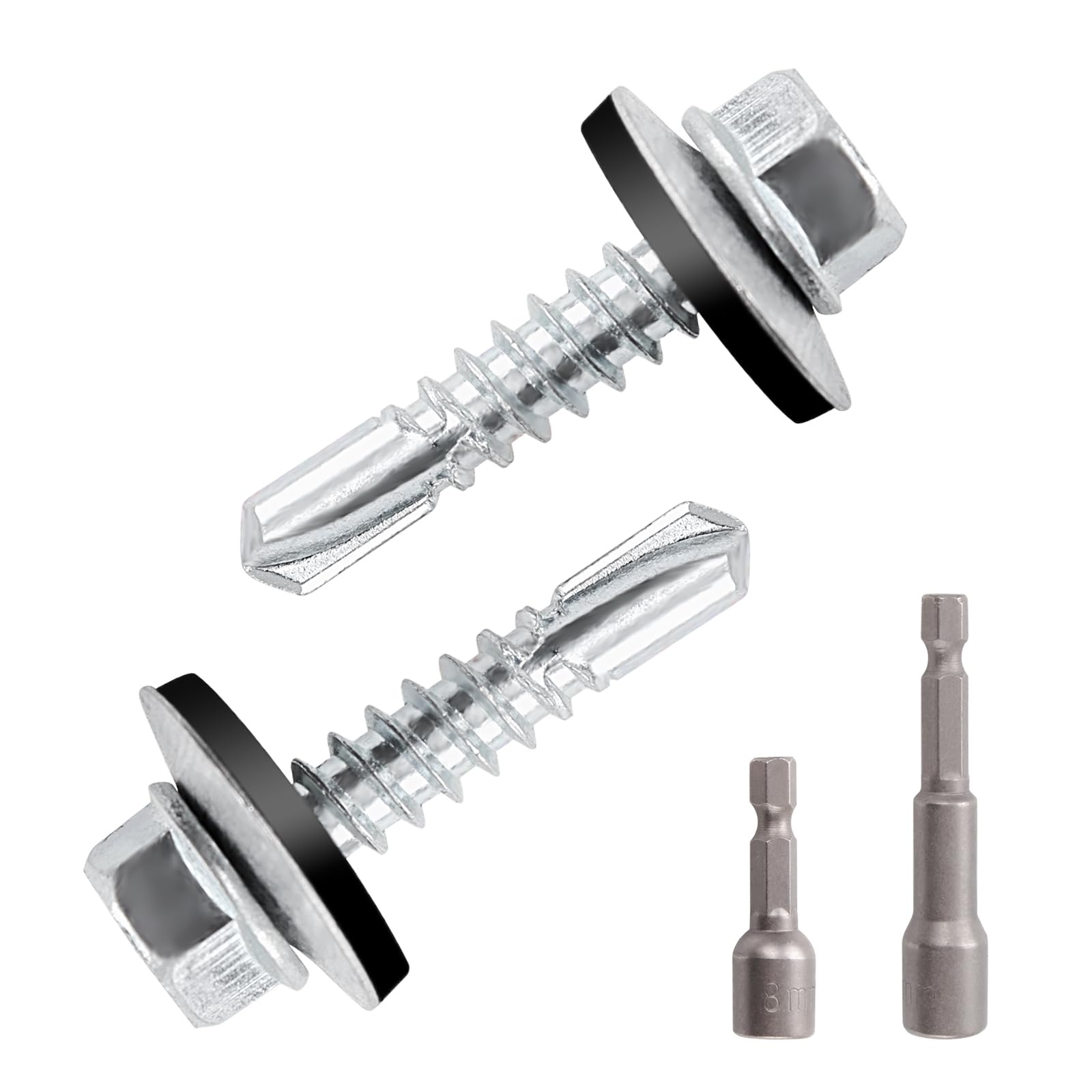 NICKLIN Self Tapping Screws Metal,104Pcs Self Drilling Screws,Trapezoidal Sheet Metal Screws with Washers Roofing with 2 Hex Bit Socket Wrench Set for Steel,Wood,Industry