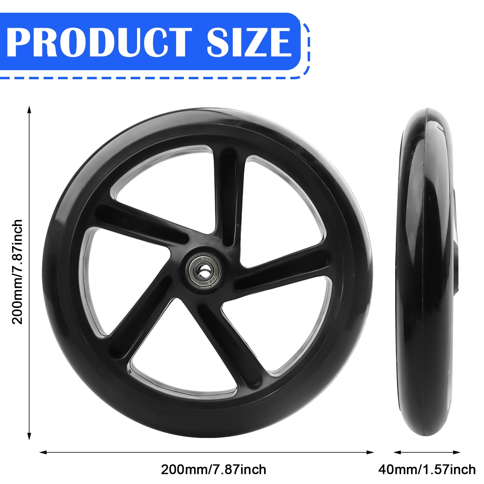 2 piezas de ruedas para patinete acrobático de 200 mm, ruedas de repuesto con eje de dos ruedas, ruedas de goma maciza de alta calidad, neumáticos para patinete, antideslizantes y resistentes a los