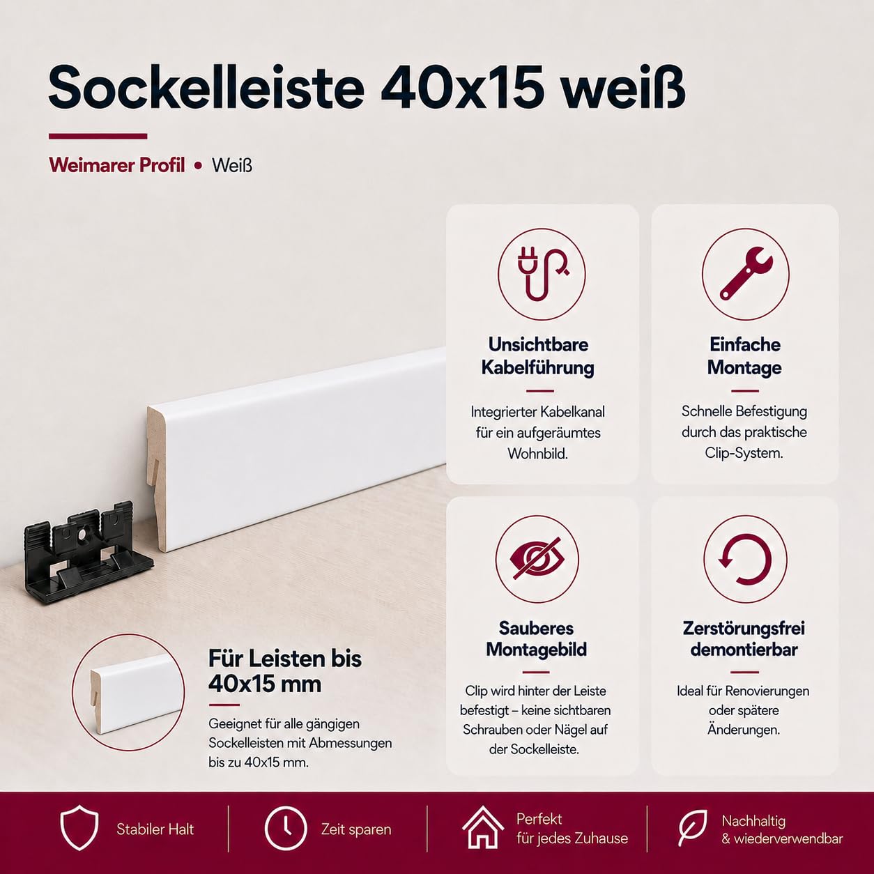 Leiste24 26 m - Plinthe 40 x 15 mm - Blanc