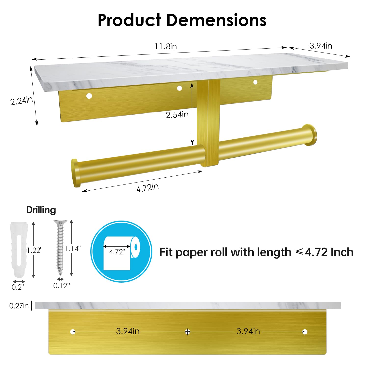 Soporte de papel higiénico con estante, soporte de pared doble para papel higiénico y 2 ganchos adhesivos para baño, soporte de papel higiénico de mármol dorado