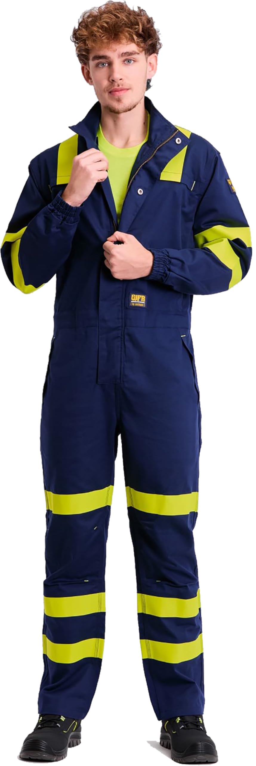 WORKTEAM C5096 Buzo o Mono Ignífugo, Antiestático con protección para Soldadura y Arco Eléctrico, Visibilidad Realzada, Cintas Fluorescentes Amarillas y Triple Costura. Unisex