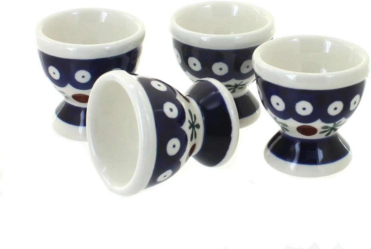 Blue Rose Polish Pottery Flowering Peacock Egg Cup Set