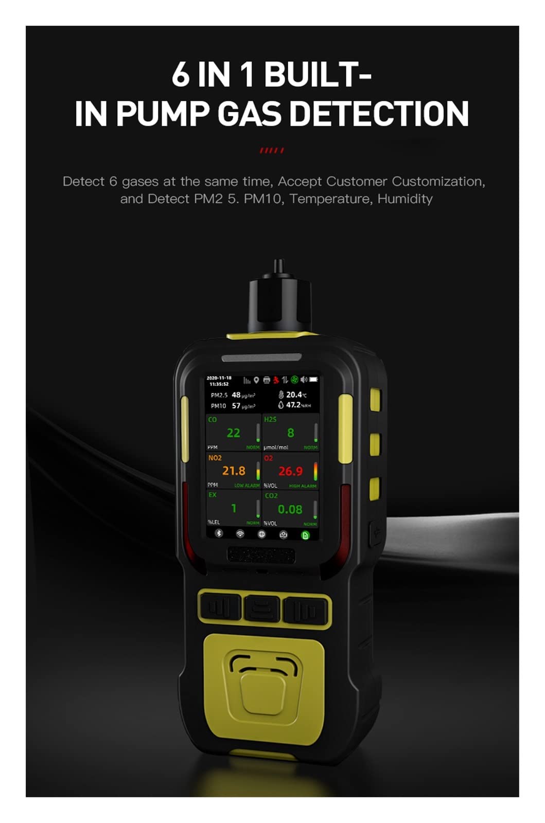 Detector de Gas, Detector de Fugas de Gas, Detector de Gas Industrial portátil Bomba incorporada NH3, SO2, CO, CO2, NOx, H2S Temperatura Humedad PM2.5 PM10 para el hogar, RV