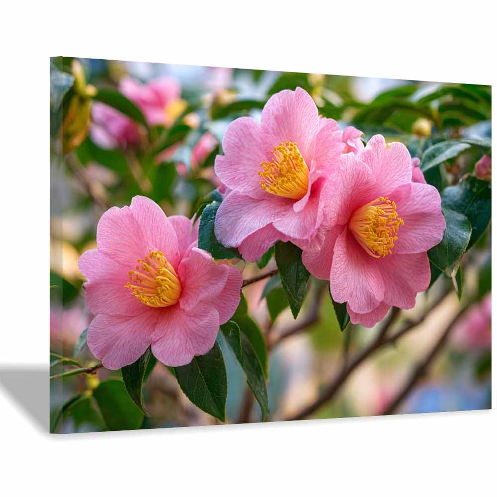 ZAMAEIU Landscape Wall Art Camellia Cluster Modern Canvas Print On Artwork, Suitable for living room, bedroom, for Kids Room Decoretc.(pink)-20x30cm Framed