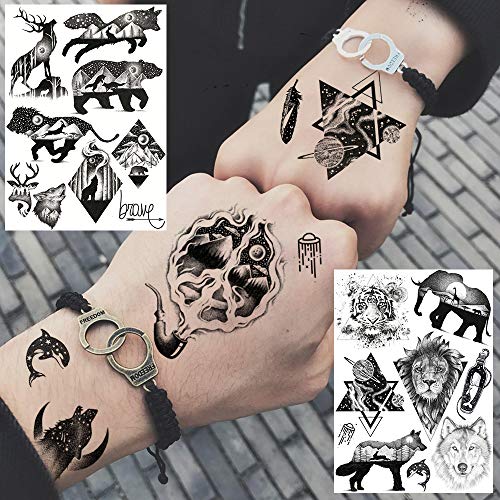 6 Sheets FANRUI Small Black Animals Temporary Tattoos For Women Kids Men Cute Geometric Mountain Forest Custom Lion Moon Star Fake Tattoo Sticker Waterproof Arm Children Tiny Hands Face Temp Tatoo Paw - Thumbnail 6