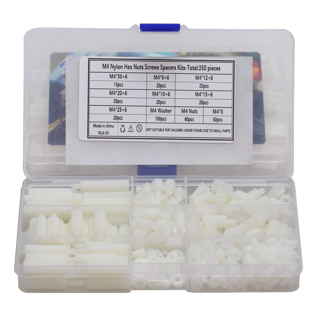 SZHKMM4 Nylon Screw Nut Combination M4 Nylon Support Column with Different Lengths, DIY Installation Electric Appliance Toy Circuit Board and Case Board Assortment Mounting Kit Box (NL4-05 White)