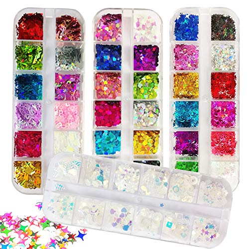 48 Boxes Nail Sequins,Heart Alphabet Letter Star Nail Sequins Acrylic Nail Art Tips Decorations Chunky Glitter DIY Decals Decoration
