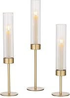 Vista 1 de Hewory Gold Hurricane Candle Holders: Brass Candlestick Holders Set of 3 Tall Taper Candle Holders for Candlesticks Candle Sticks Holder Decor for
