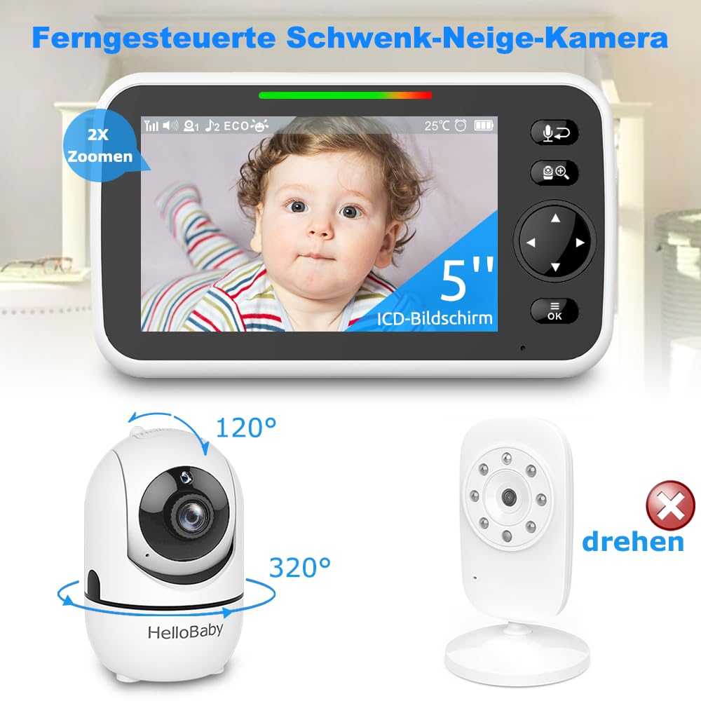 HelloBaby Babyfoon camera, 5,5 inch gesplitst IPS-display, babyfoon