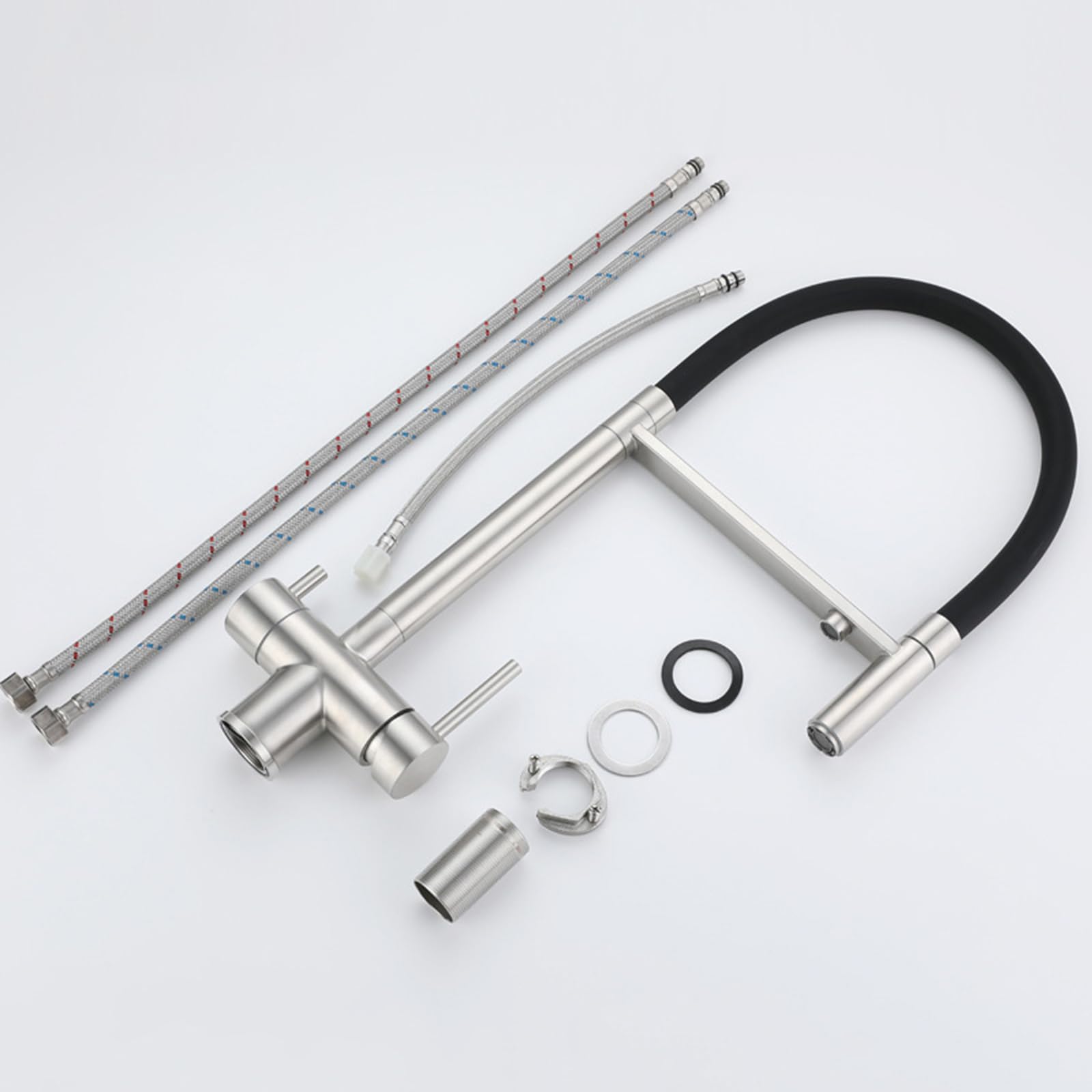 XJTNLB Grifos Cocina Fregadero con Osmosis Extraibles Oro Cepillado Grifo Abatible Cocina con Dos Asas Griferia Tres Vias Cocina para Osmosis Grifo Cocina Flexible