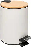 LYOR - Lixeira Redonda De Metal Com Pedal e Tampa Em Bambu Branca 3L
