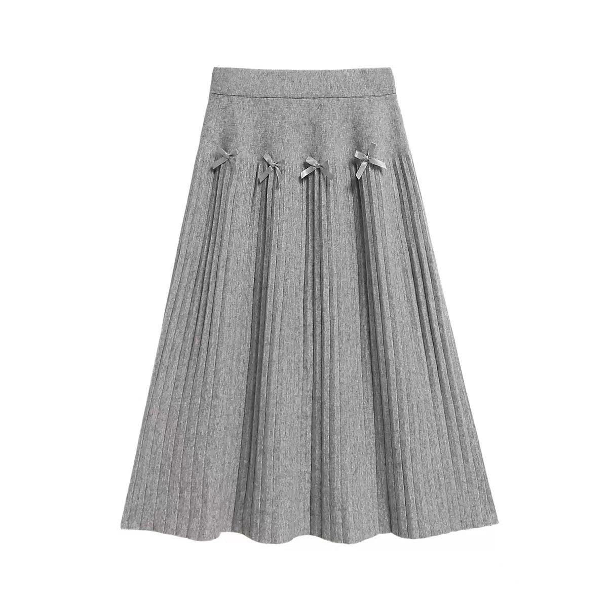 Gonna Lunga Plus Size Autunno Inverno A Pieghe Lavorata Maglia Papillon Che Copre La Pancia Longuette Dimagrante A-Line Donna Ele-Grigio Scuro-l