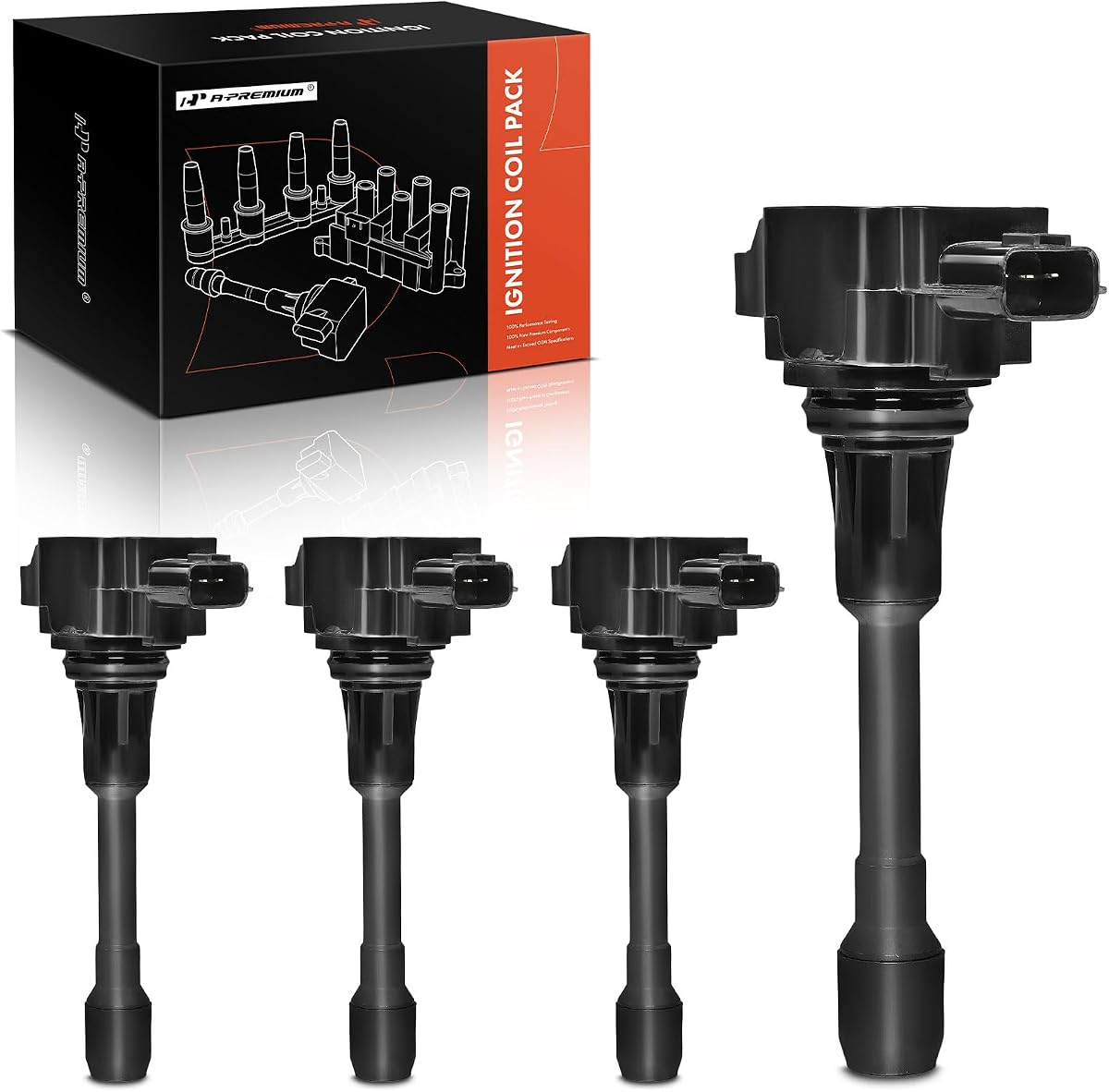 A-Premium Set of 4 Ignition Coil Pack - 3-Pins | Compatible with Nissan Altima Rogue Sentra Tiida Versa X-Trail FX50 M56, Replace# 22448ED000