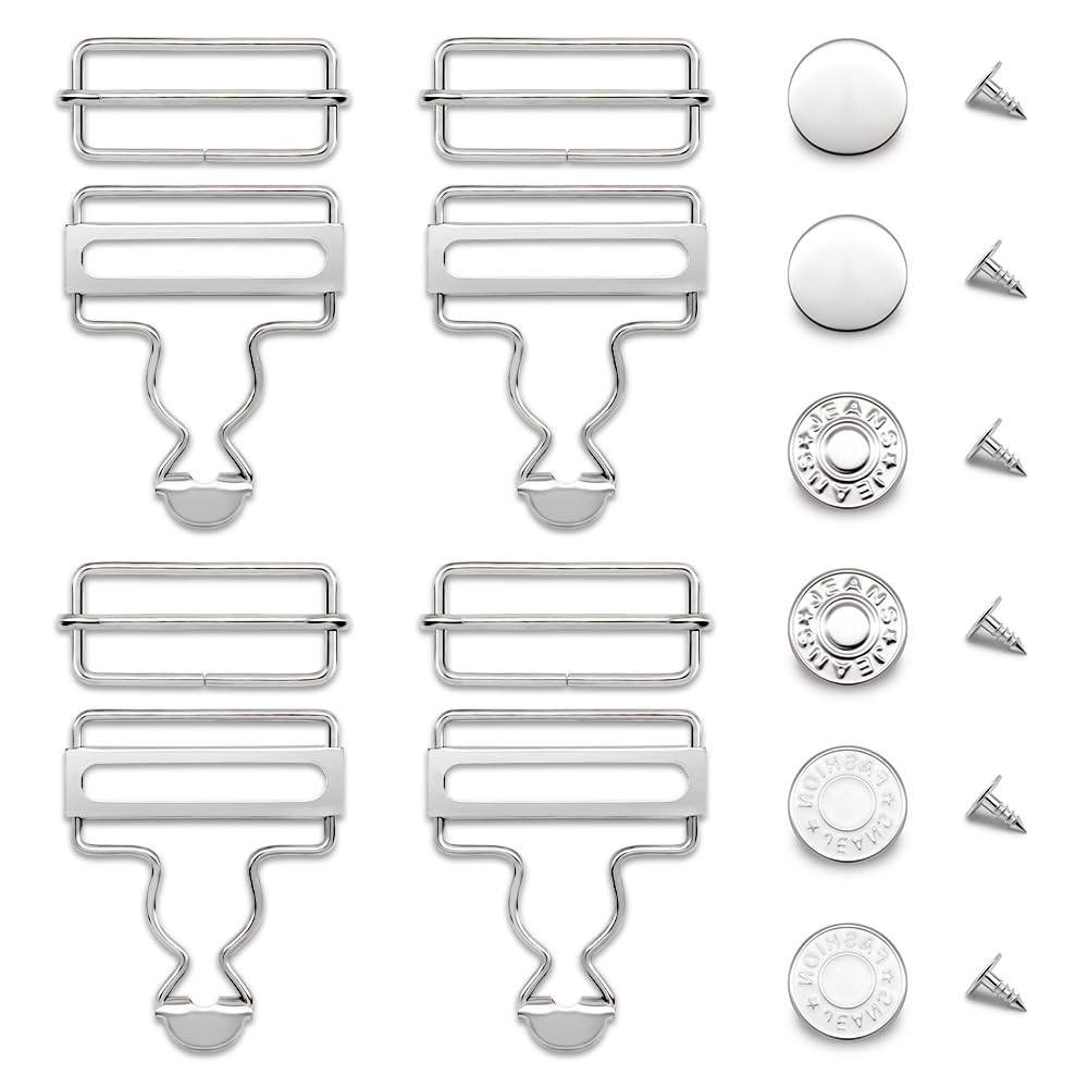 Jamsinmu Dungarees, button and buckle Set – 4+6PC Overalls Buckles Metal Adjustable Suspenders Clips with Suspender eyelets 25mm, Silver, 38mm*4