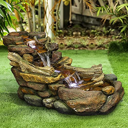Image of SunJet Cascading Outdoor Rock Water Fountain with LED Lights - 39 inch L x 15 inch W x 19 inch H Creek Waterfall Feature for Home Garden, Yard, Patio, Deck Decor - Soothing Tranquility Floor-Standing Fountains
