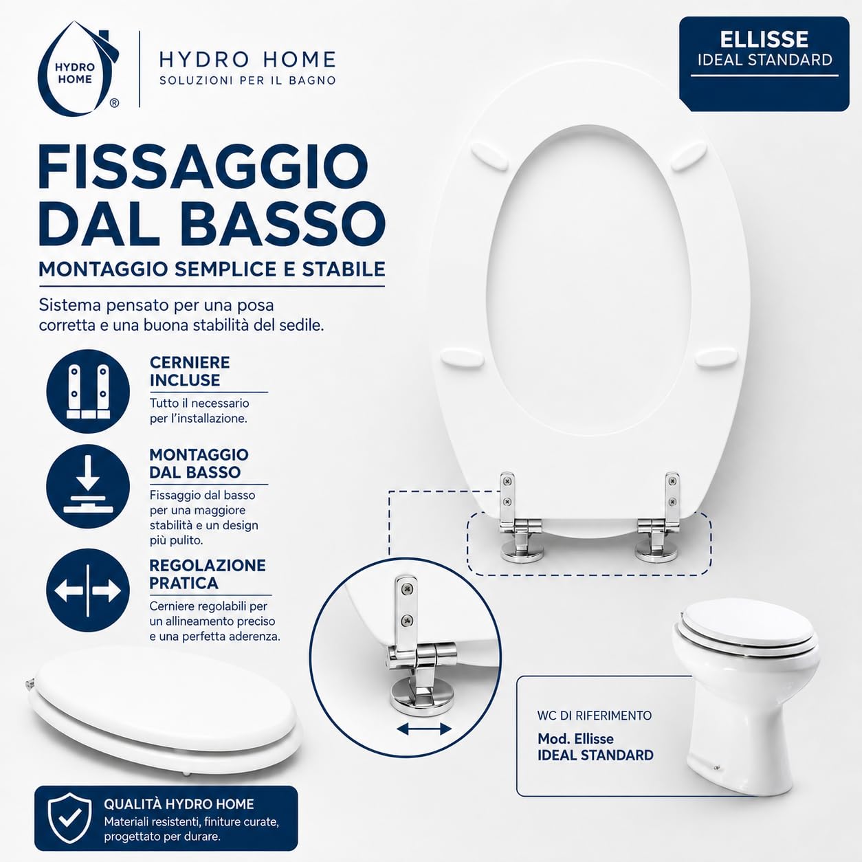 Hydro Home Copriwater Compatibile Ellisse Ideal Standard Bianco EUR, Sedile WC in MDF Verniciato, Tavoletta Water con Cerniere in Metallo e Fissaggio dal Basso