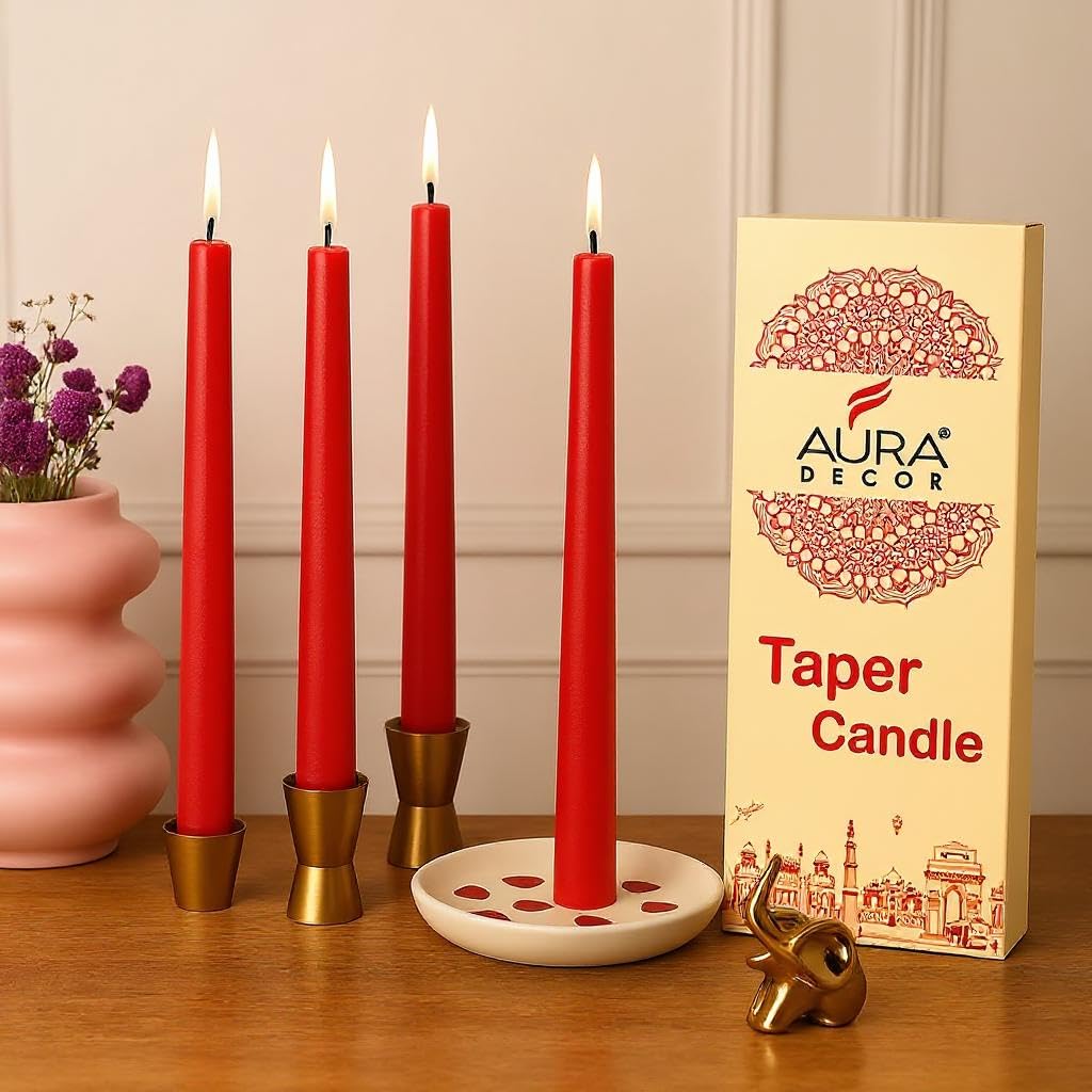 AuraDecor Spitzkerzen-Set || Tafelkerzen || Feierkerzen || 25,4 cm Kerzen || Tropffrei || Rauchlose Kerze || Brenndauer 8 Stunden (12 Stück, Rot)