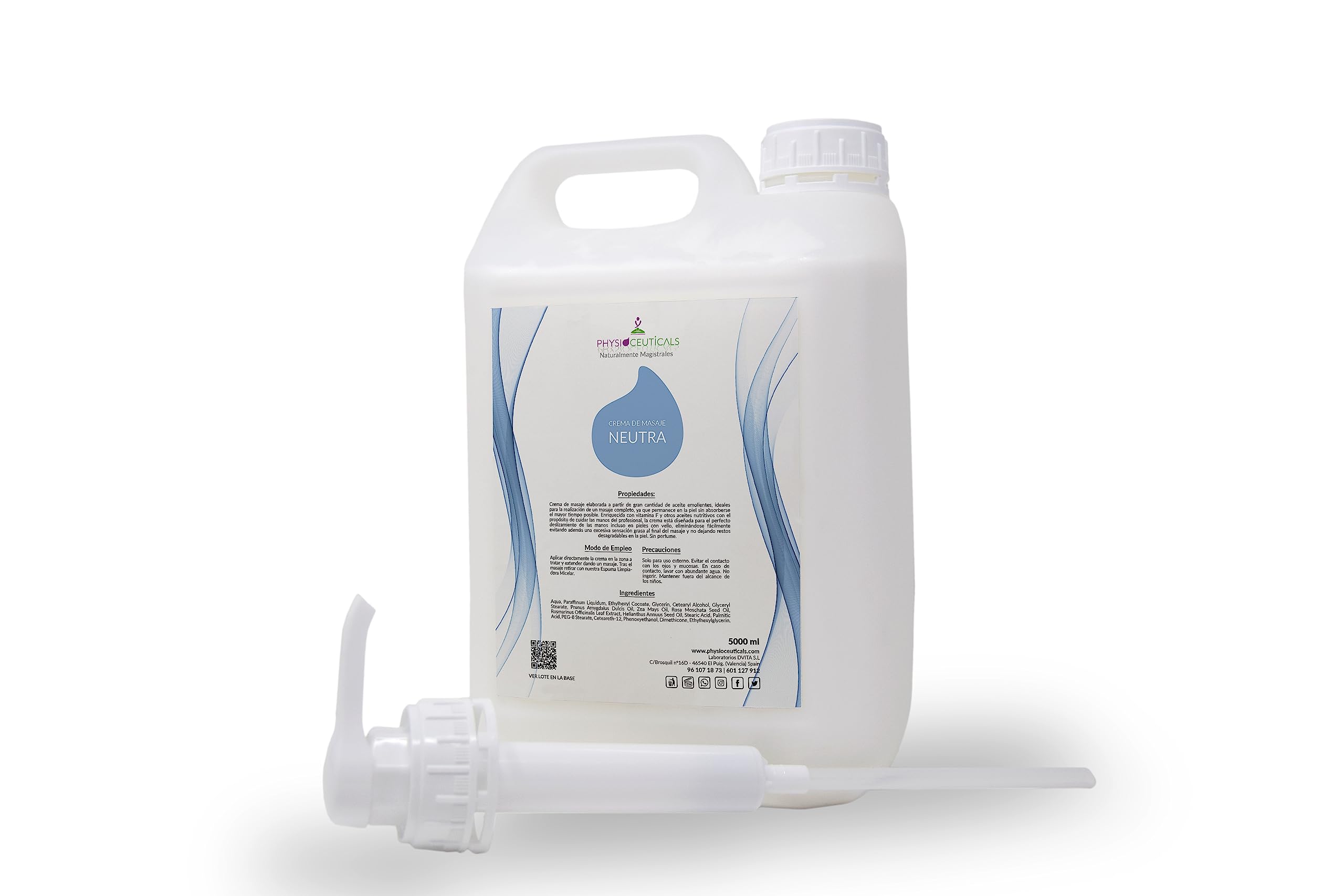 Crema Masaje Neutra Profesional 5000ml + Dosificador - Base sin Perfume con Vitamina F - Ideal Fisioterapia, Quiromasaje y Especialistas